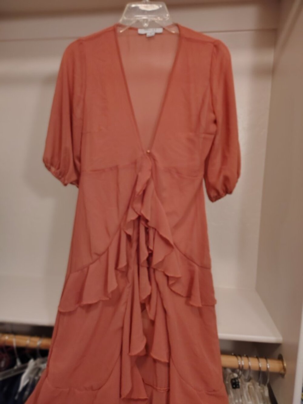FAVLUX Sheer Terracotta Chiffon Ruffle High-Low Duster